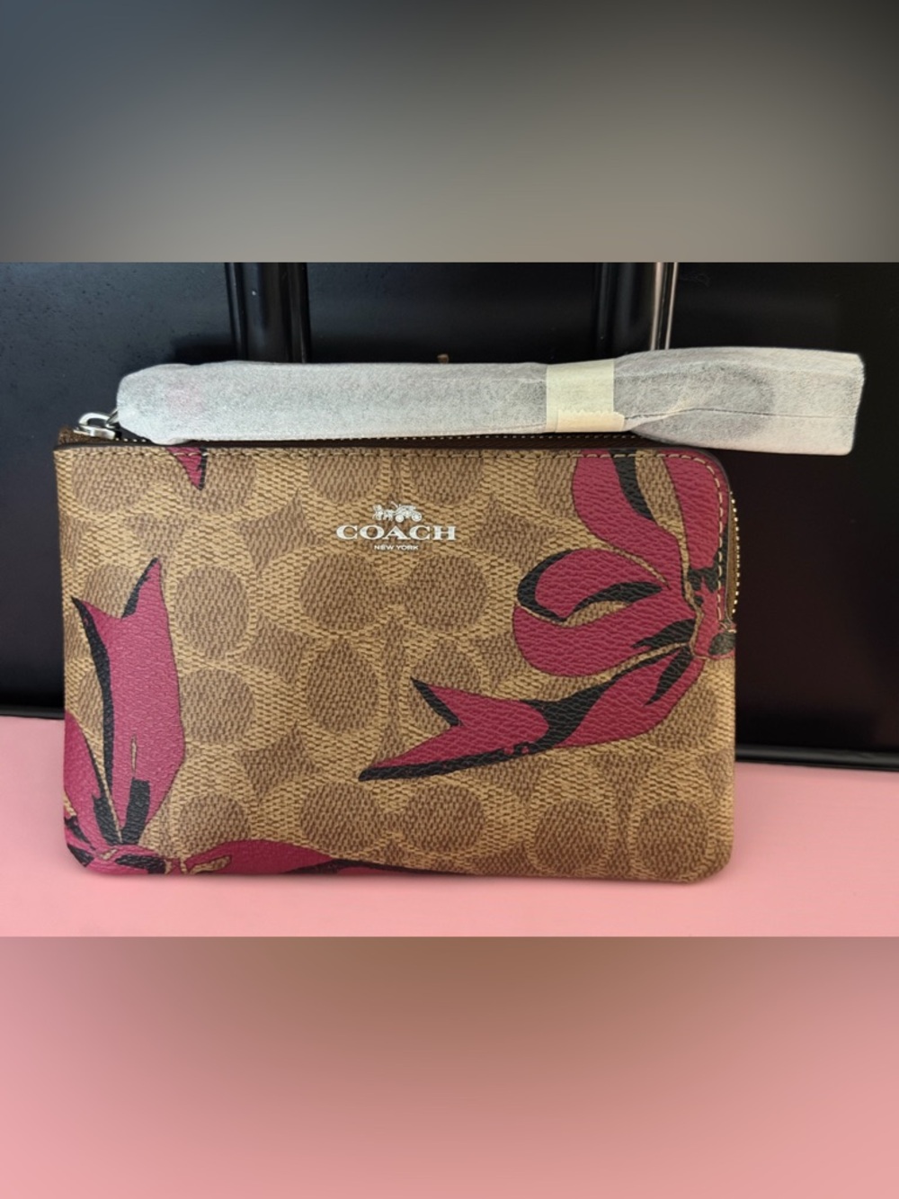Coach Brown Signature Canvas Wristlet with Pink Floral Print